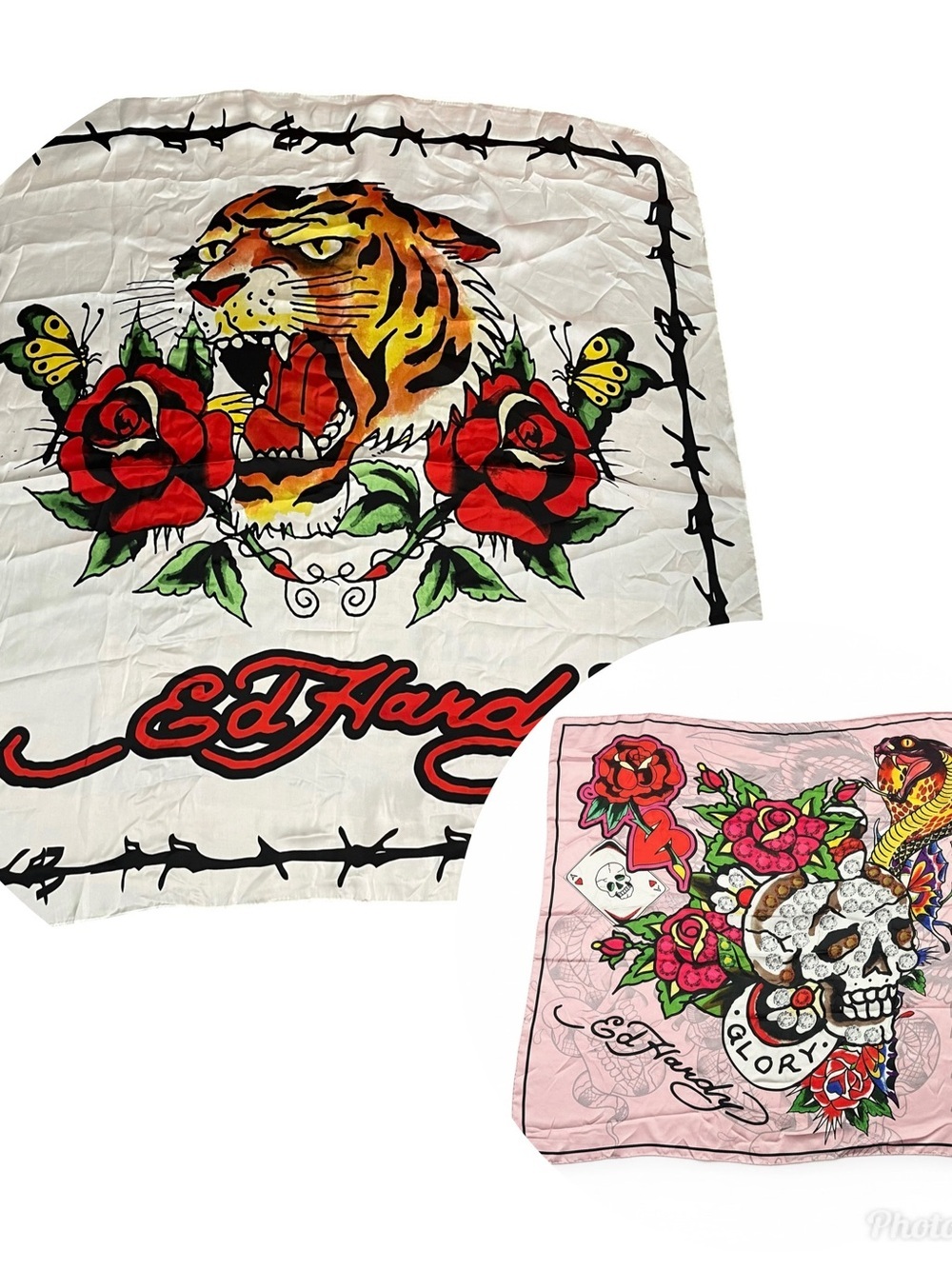 Ed Hardy 2 Piece White and Pink Bandana Scarves Tattoo Skull Tiger Y2K